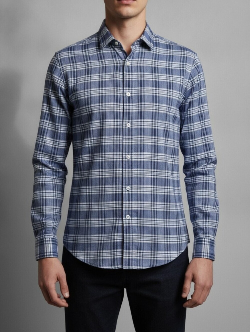 Boss-Hugo Boss Mens Sz L Sharp Fit Shirt Blue Plaid All Cotton Button Up